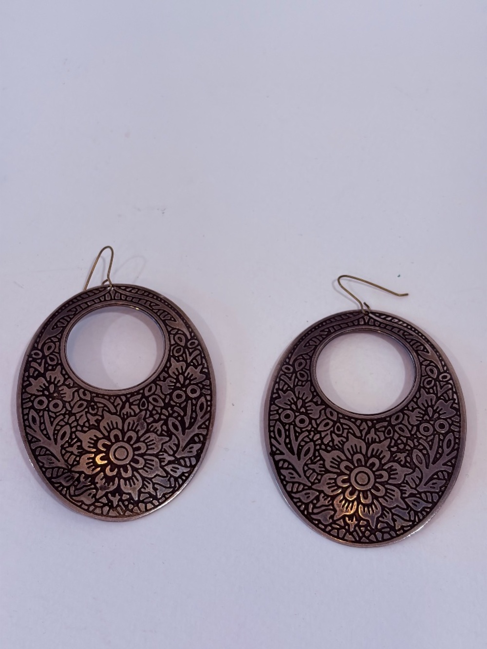 Oversized Silver Tone Floral Disc Earrings Boho Statement Dangle Earrings